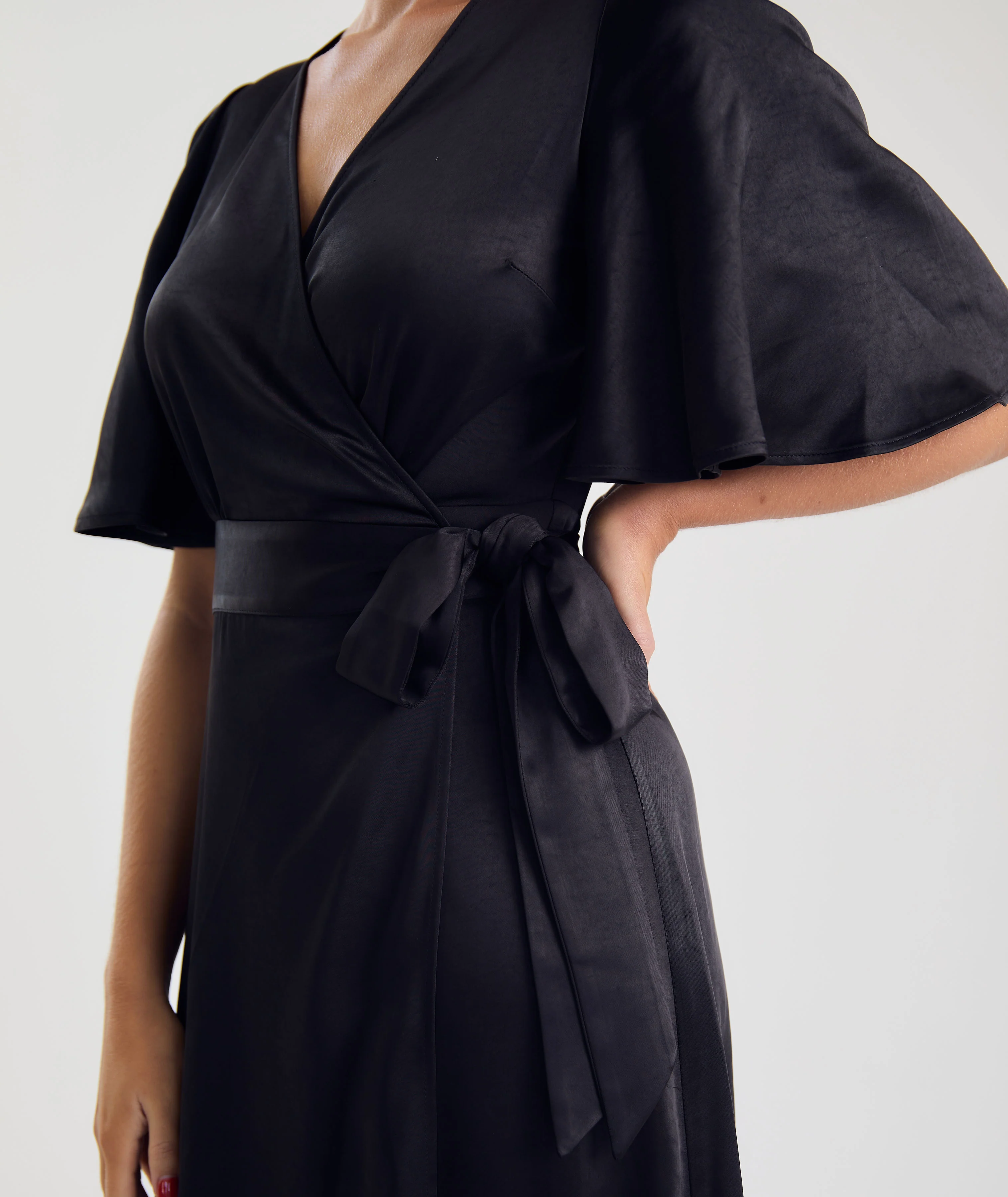 Wrap Tie Satin Bridesmaid Dress - Black - Image 3