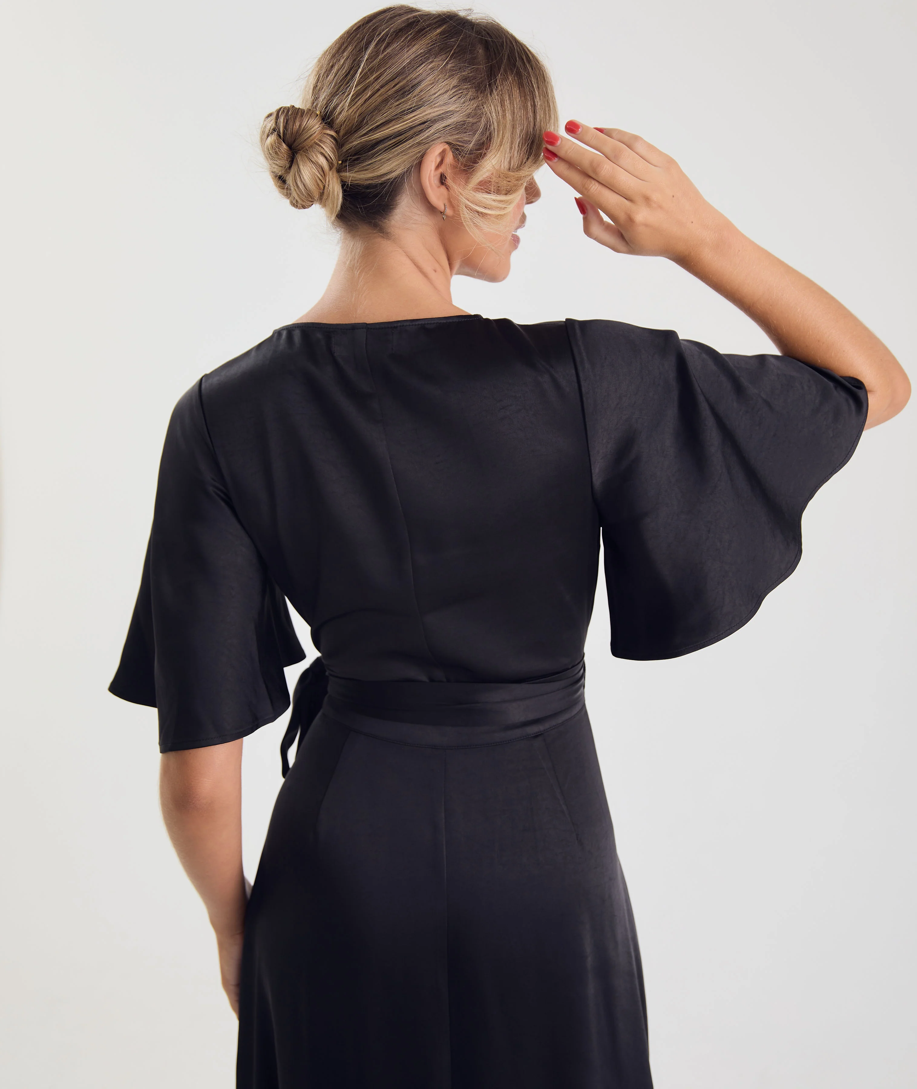 Wrap Tie Satin Bridesmaid Dress - Black - Image 4