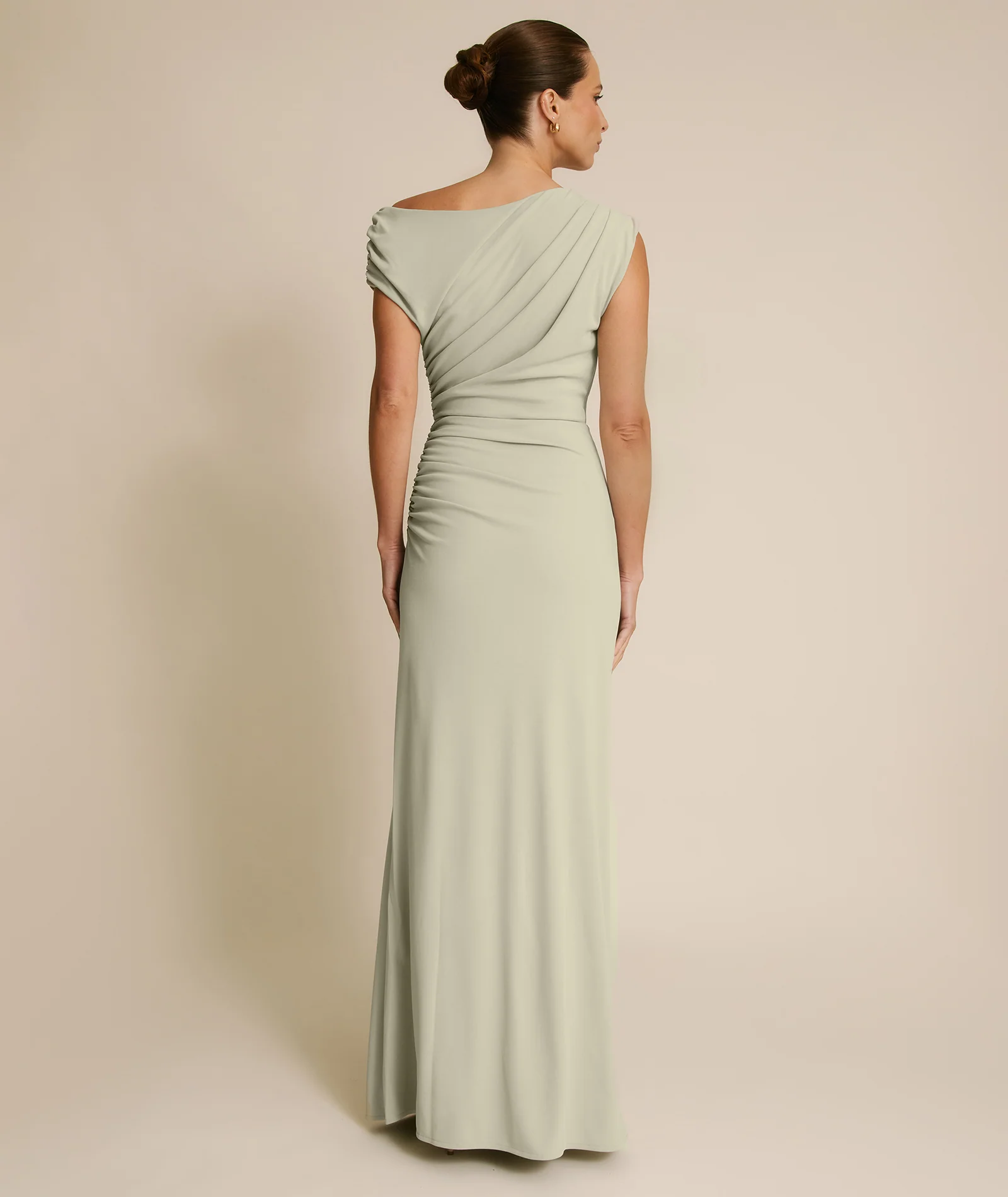 Asymmetric Neck Stretch Sculpt Bridesmaid Dress - Soft Sage - Image 5