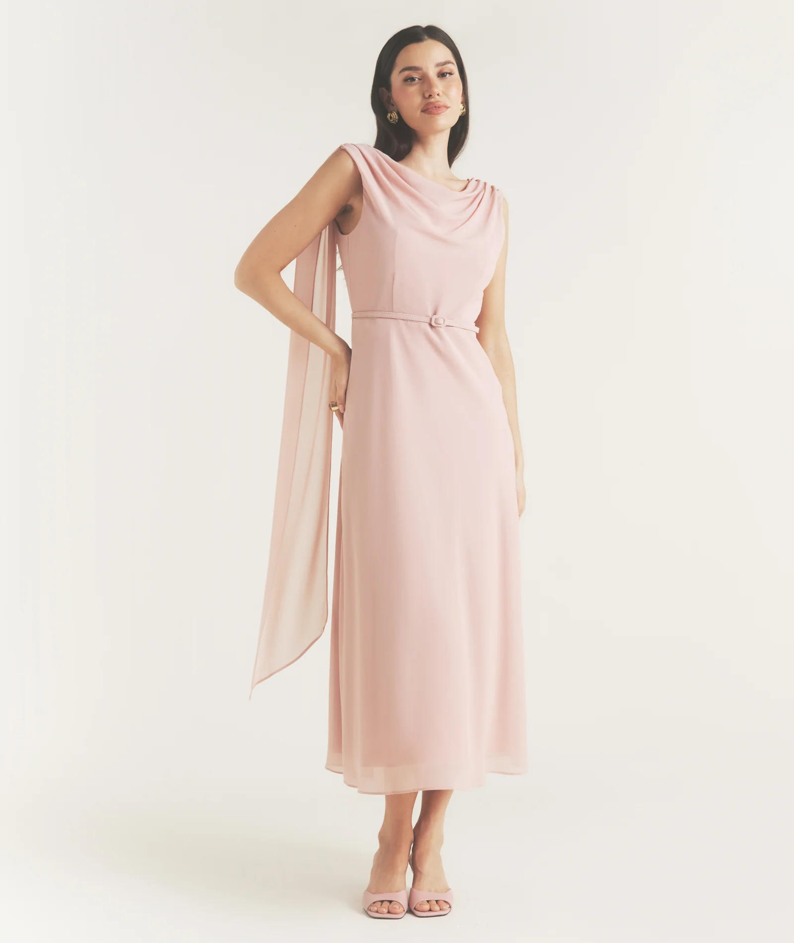 Cowl Front Drape Detail Belted Midi Dress - Rose - Image 3