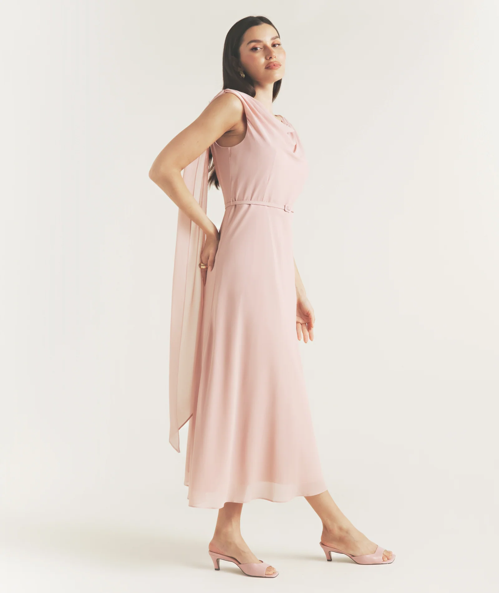 Cowl Front Drape Detail Belted Midi Dress - Rose - Image 6