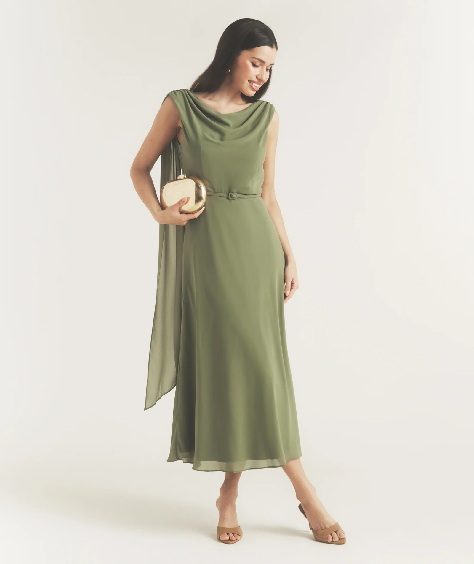 Cowl Front Drape Detail Belted Midi Dress - Sage - Image 6