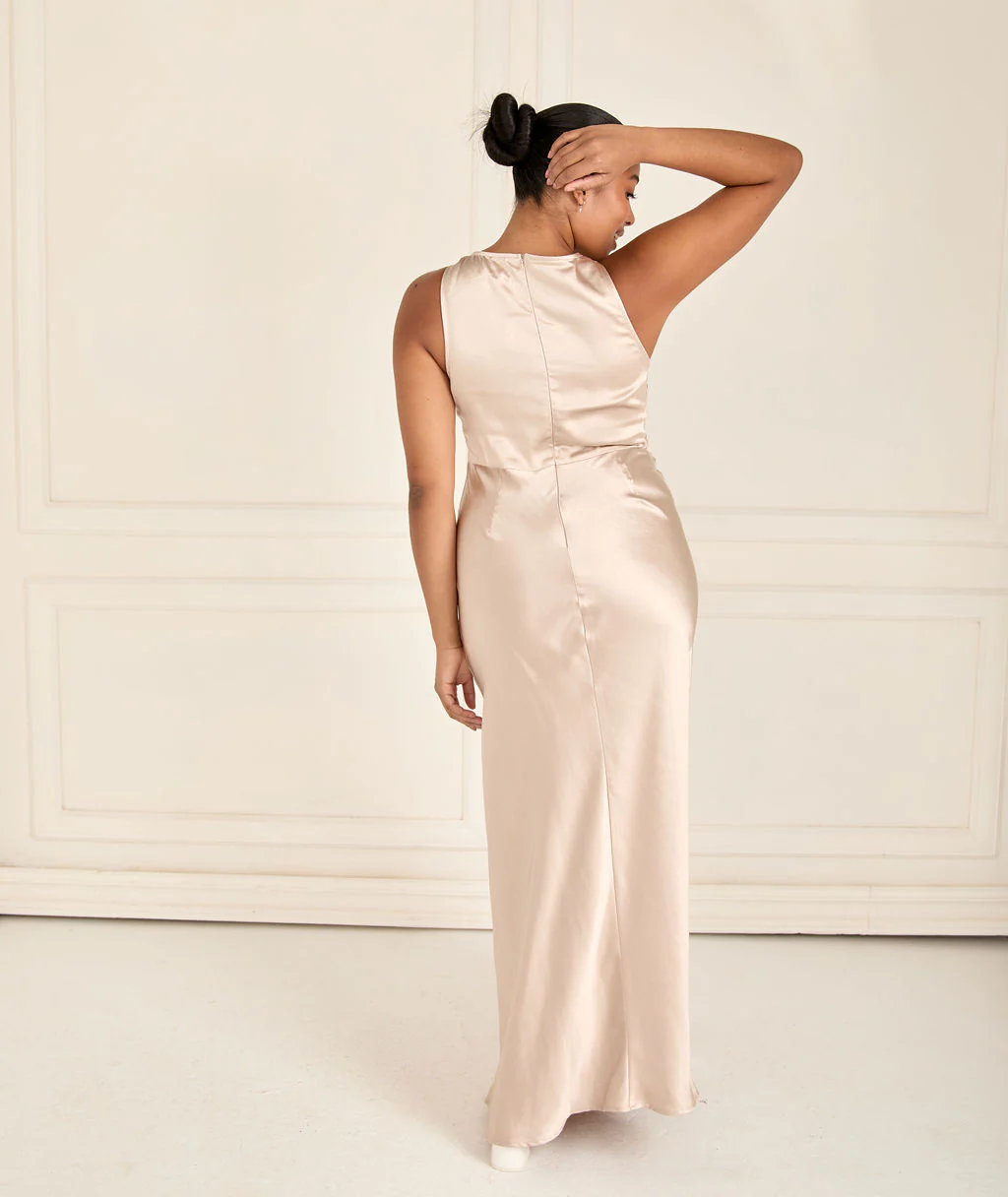 Cowl Front Satin Bridesmaid Dress - Oyster - Image 7