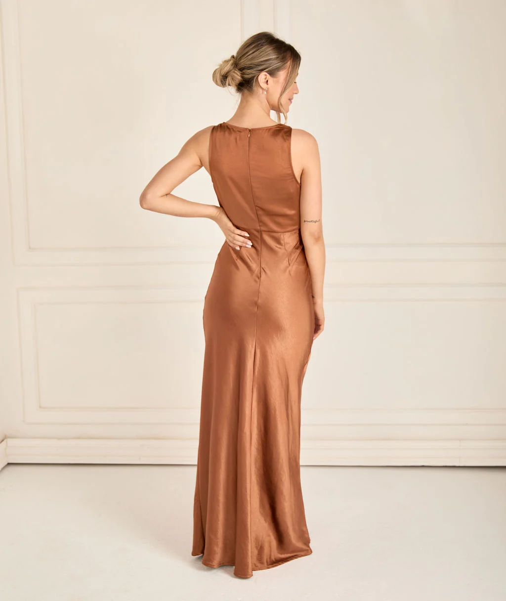 Cowl Front Satin Bridesmaid Dress - Rust - Image 3