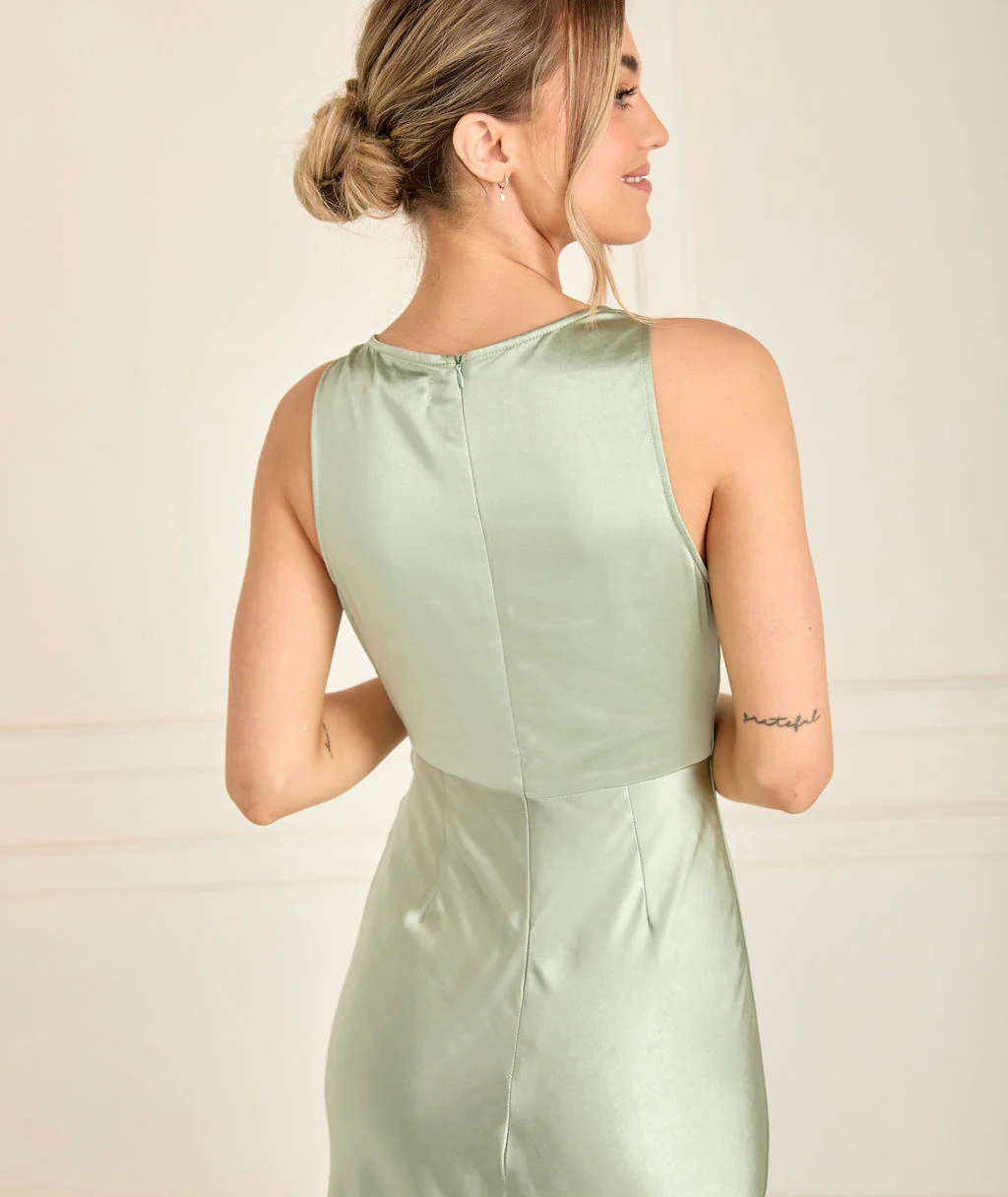 Cowl Front Satin Bridesmaid Dress - Sage - Image 6