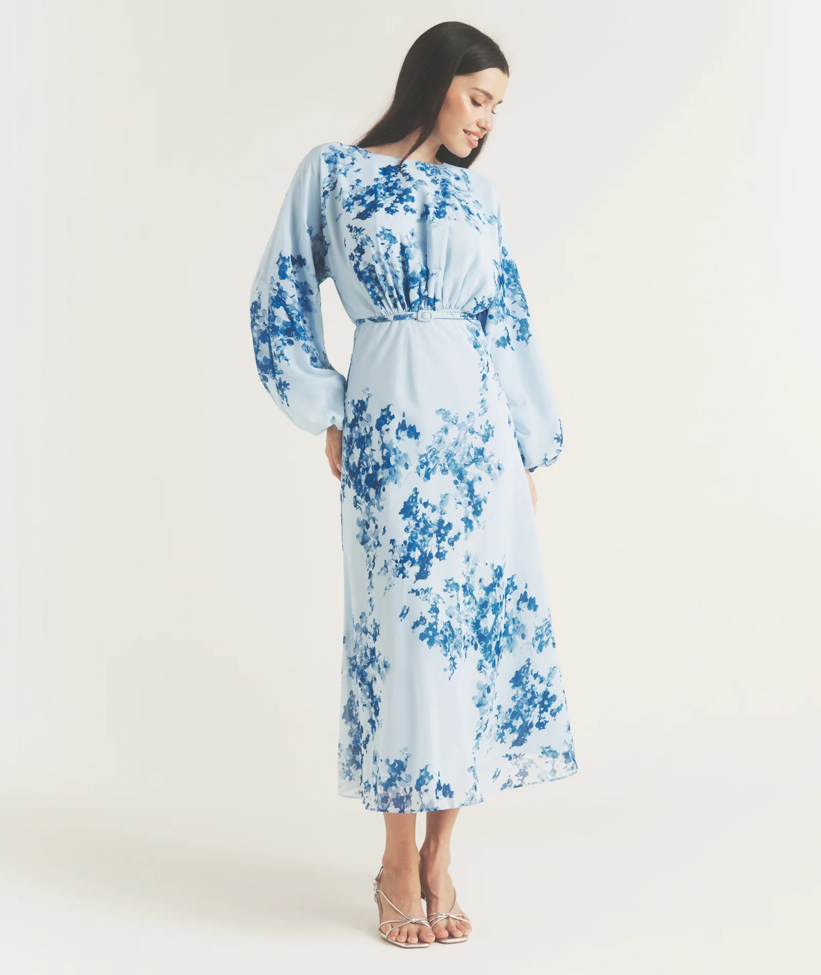 Floral Balloon Sleeve Maxi Dress - Pale Blue - Image 6