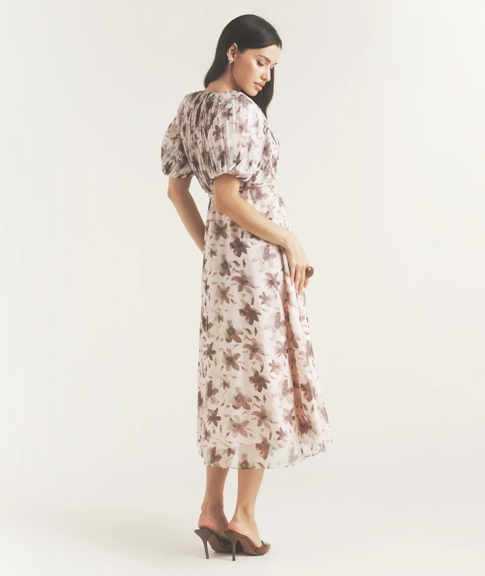 Floral Pleat Detail Midi Dress - Pink - Image 3