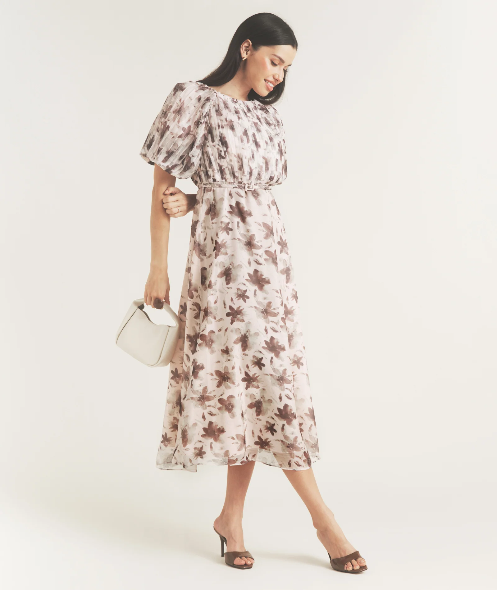 Floral Pleat Detail Midi Dress - Pink - Image 6