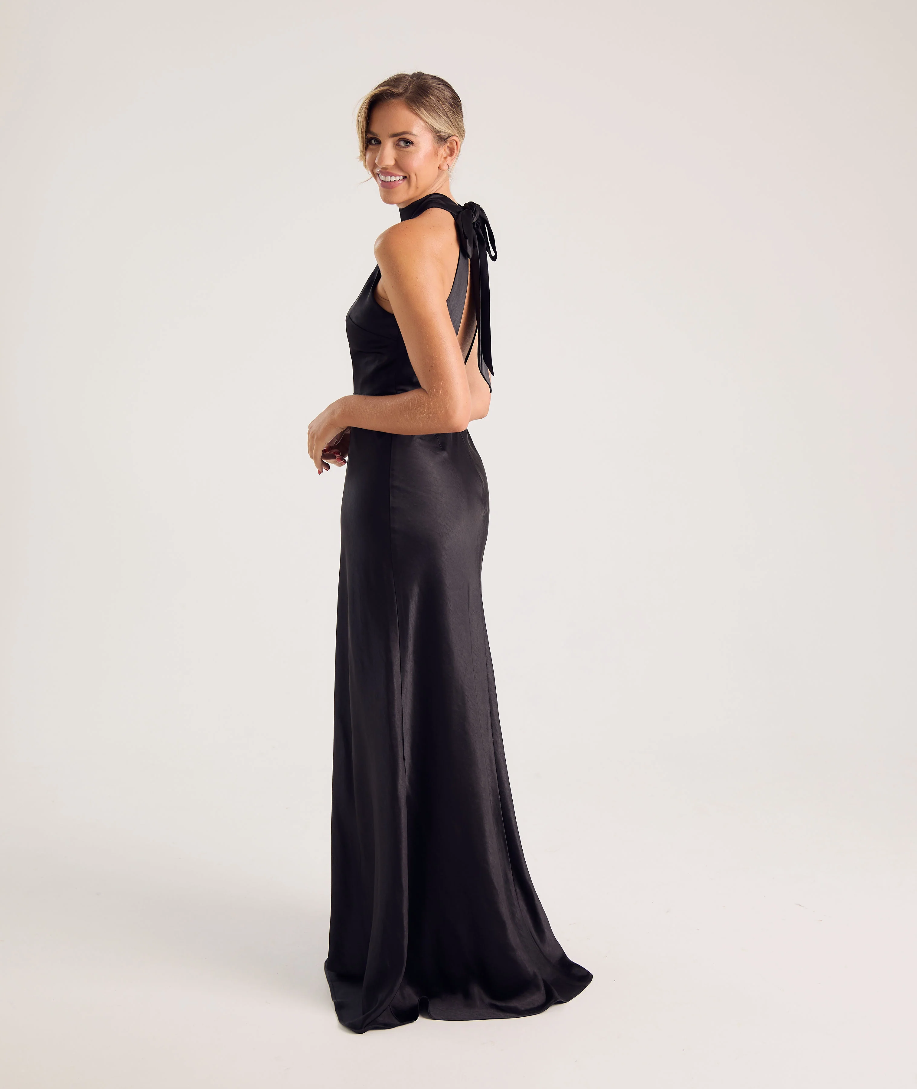 Halter Neck Satin Bridesmaid Dress - Black - Image 4