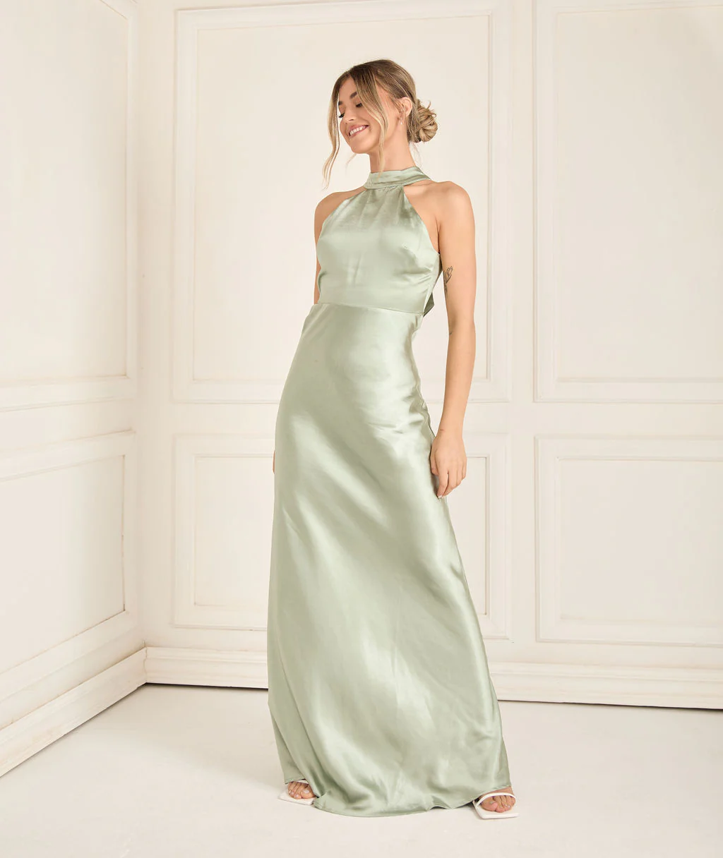 Halter Neck Satin Bridesmaid Dress - Sage - Image 4