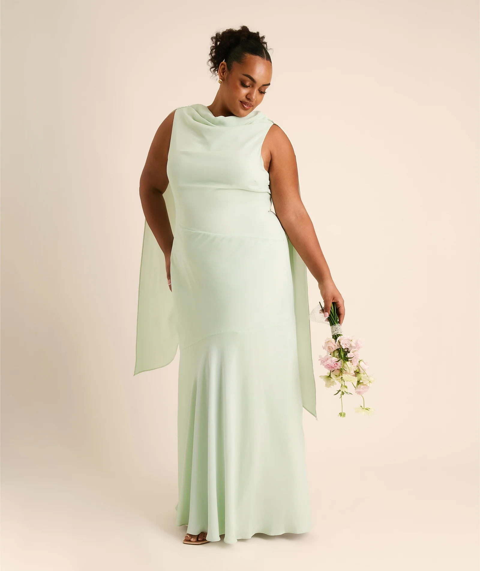 High Cowl Neck Drape Chiffon Bridesmaid Dress - Mint Green - Image 3