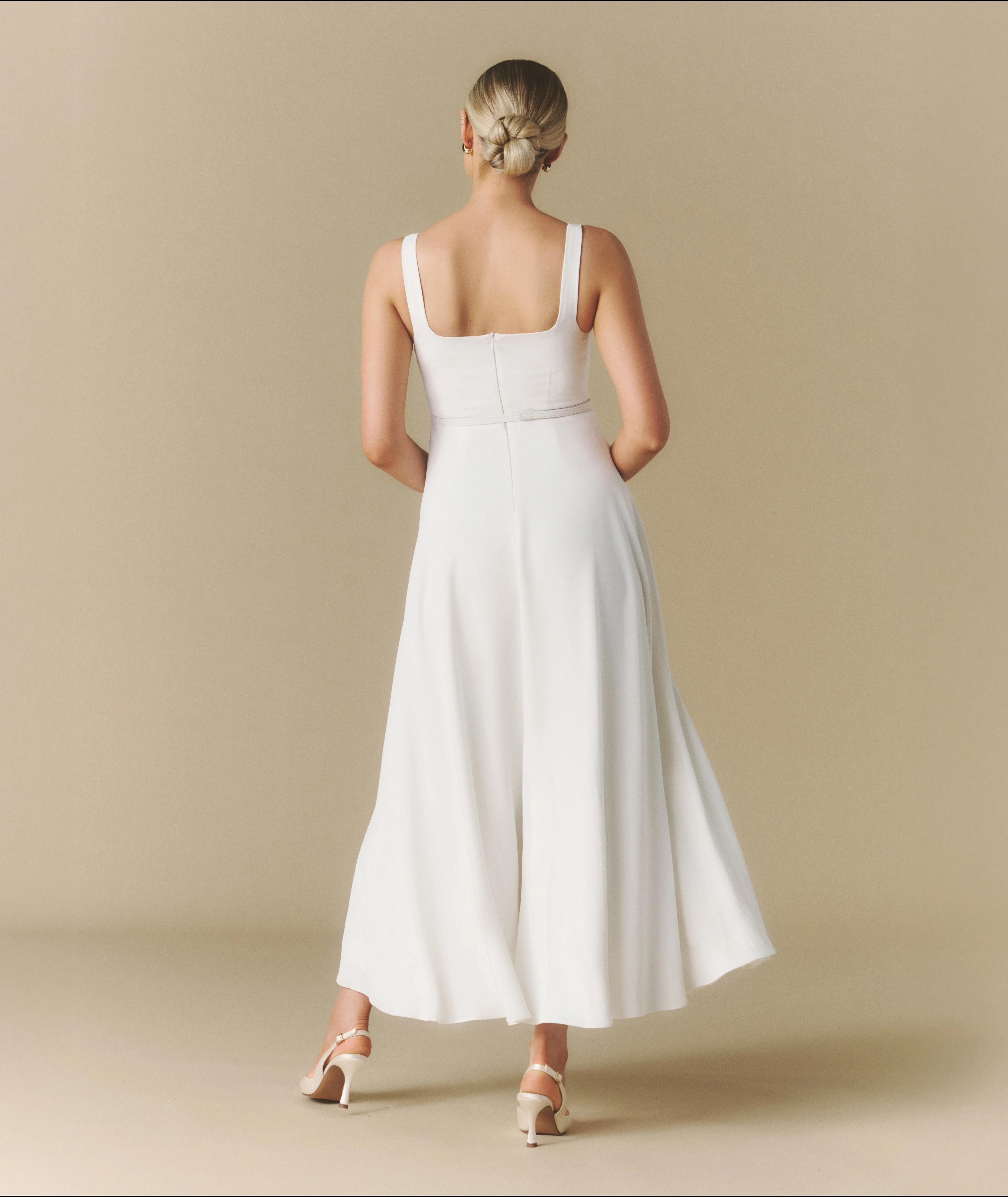 Square Neck Belted Midi Dress - White - Image 4