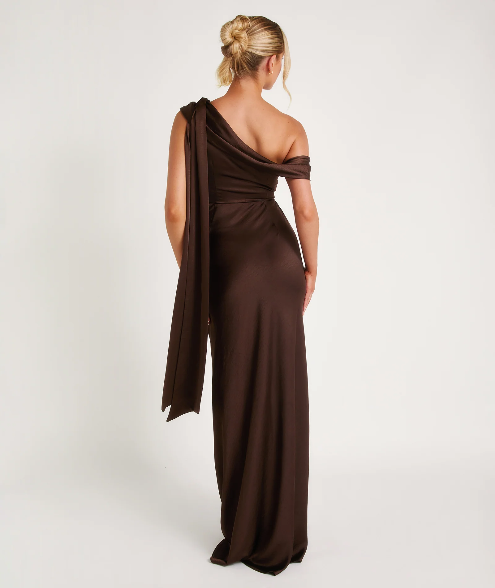 One Shoulder Drape Satin Bridesmaid Dress - Chocolate - Image 5