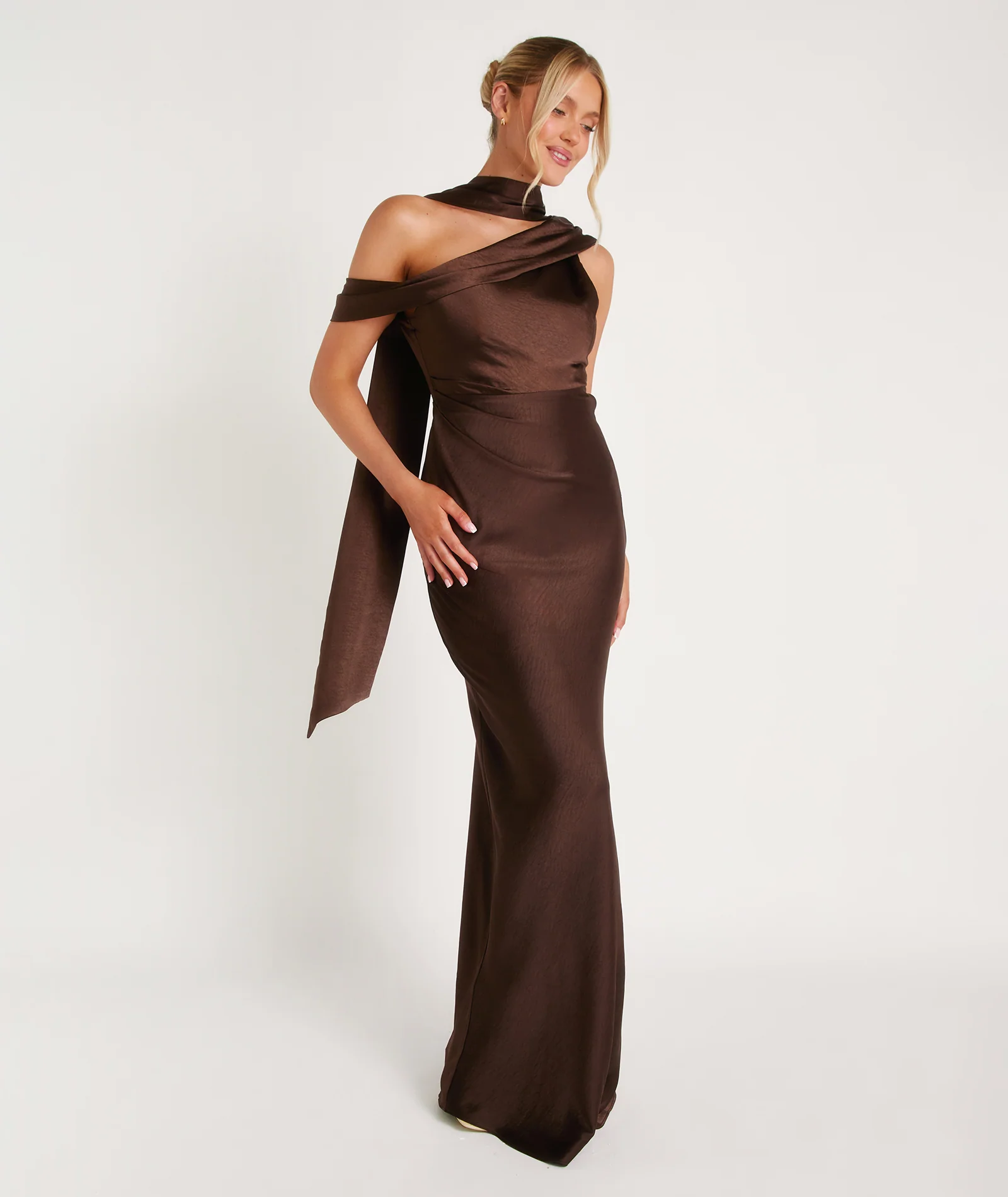 One Shoulder Drape Satin Bridesmaid Dress - Chocolate - Image 6