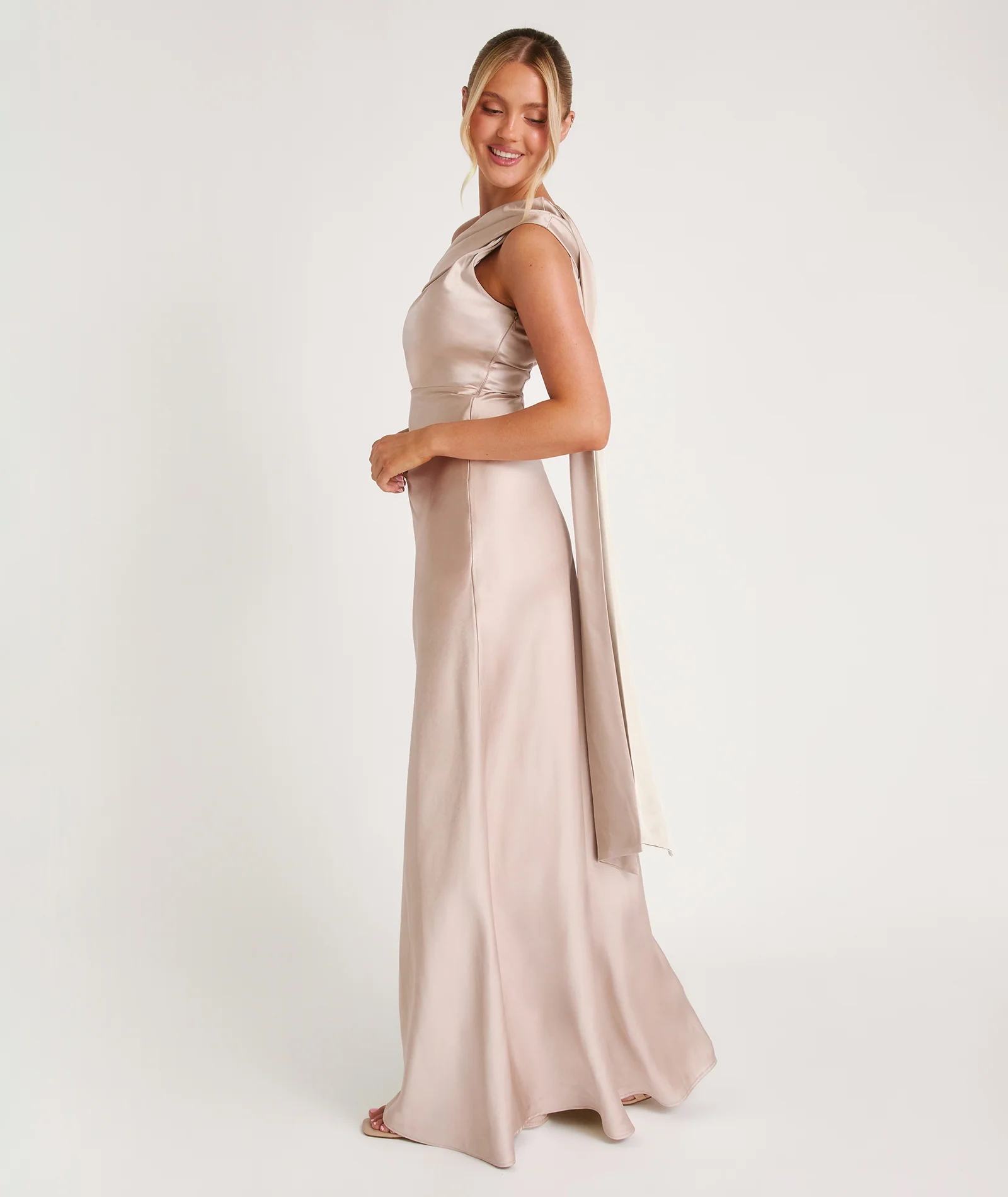One Shoulder Drape Satin Bridesmaid Dress - Oyster - Image 6