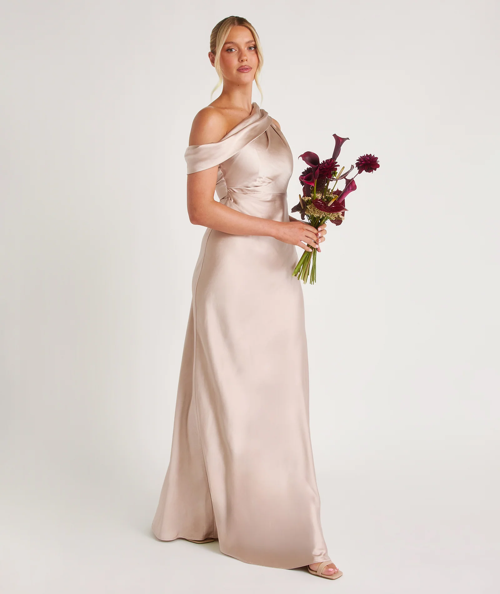 One Shoulder Drape Satin Bridesmaid Dress - Oyster - Image 7