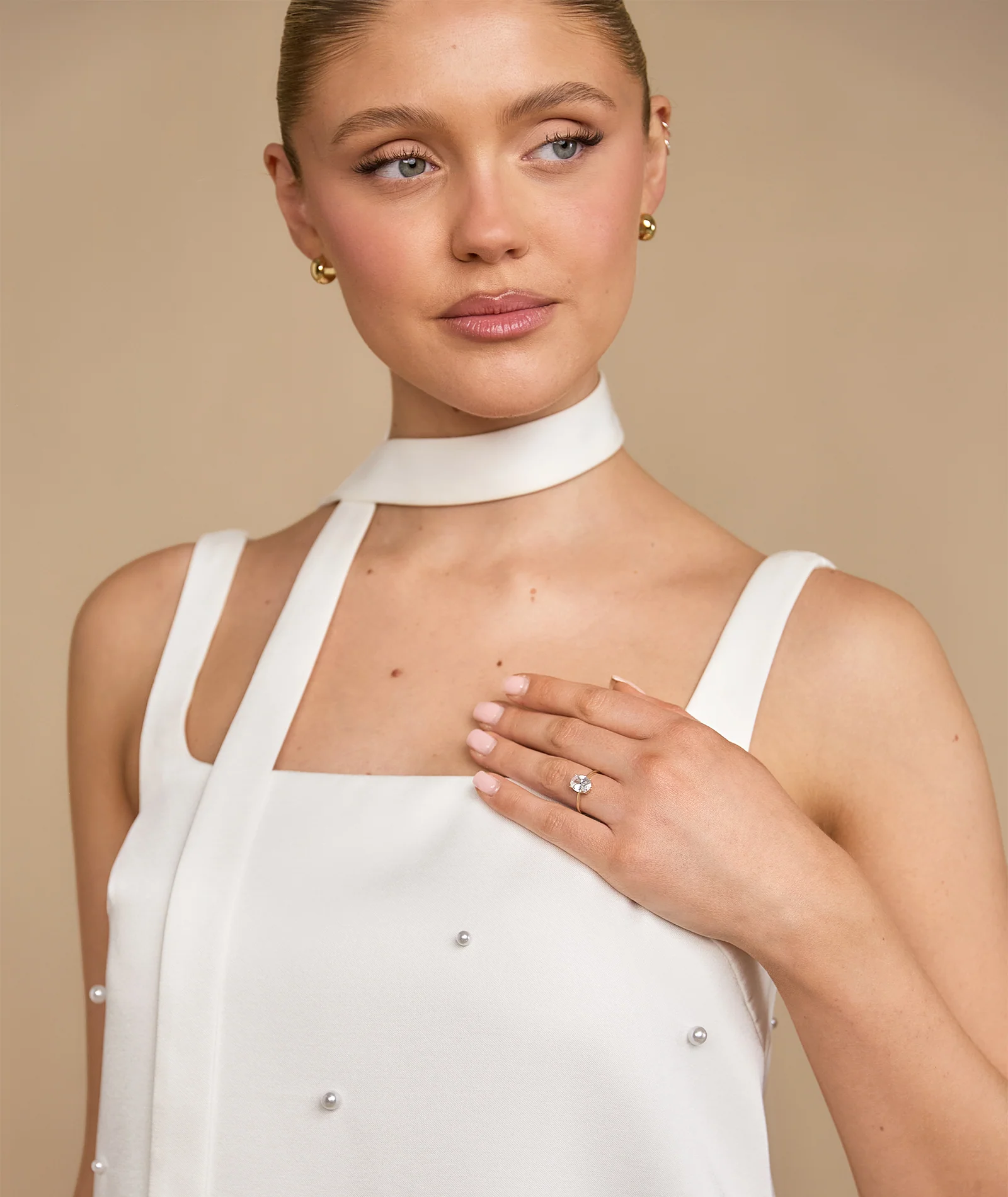 Pearl Scatter Detail Mini Dress with Neck Scarf – White - Image 6