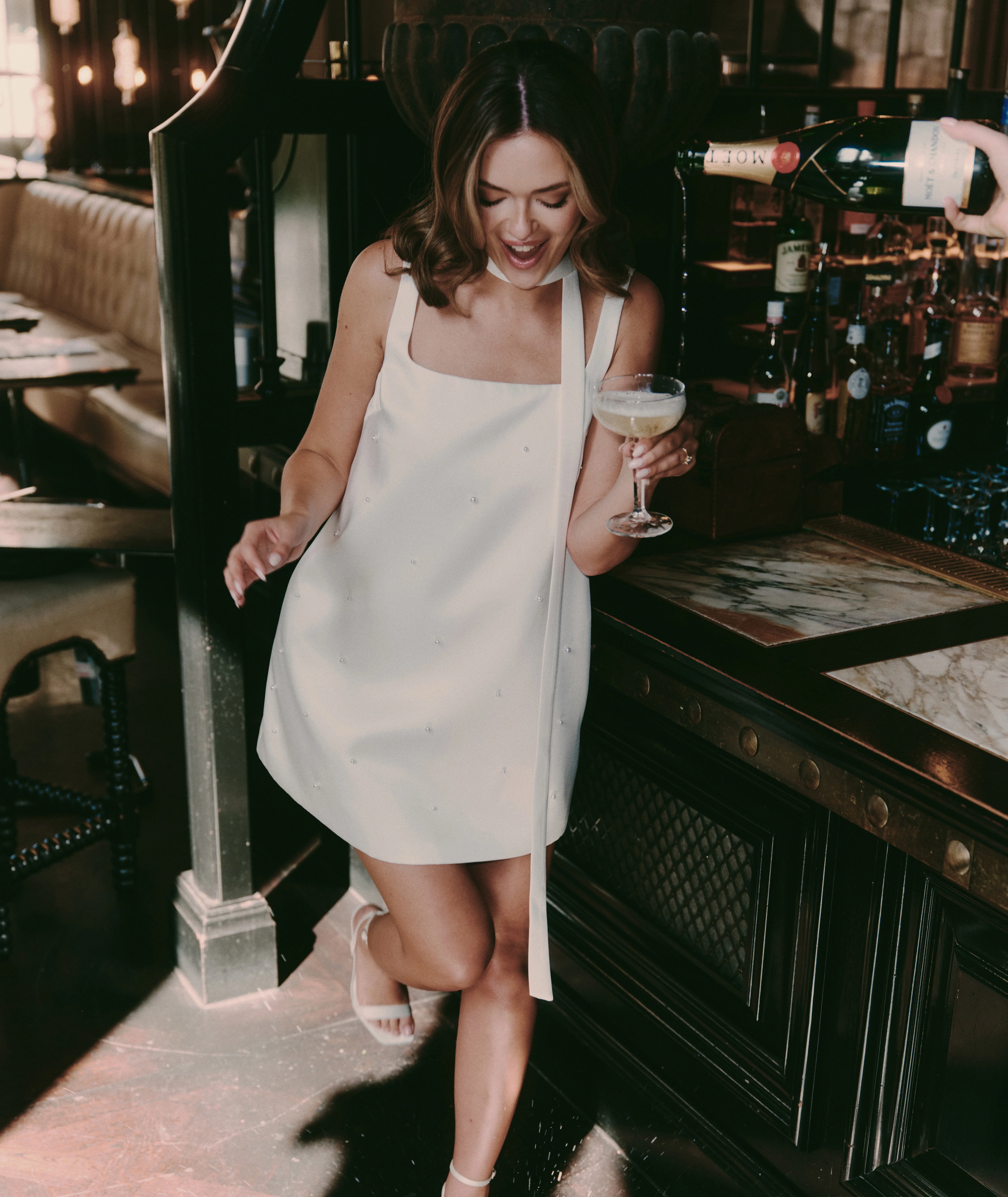 Pearl Scatter Detail Mini Dress with Neck Scarf – White - Image 7