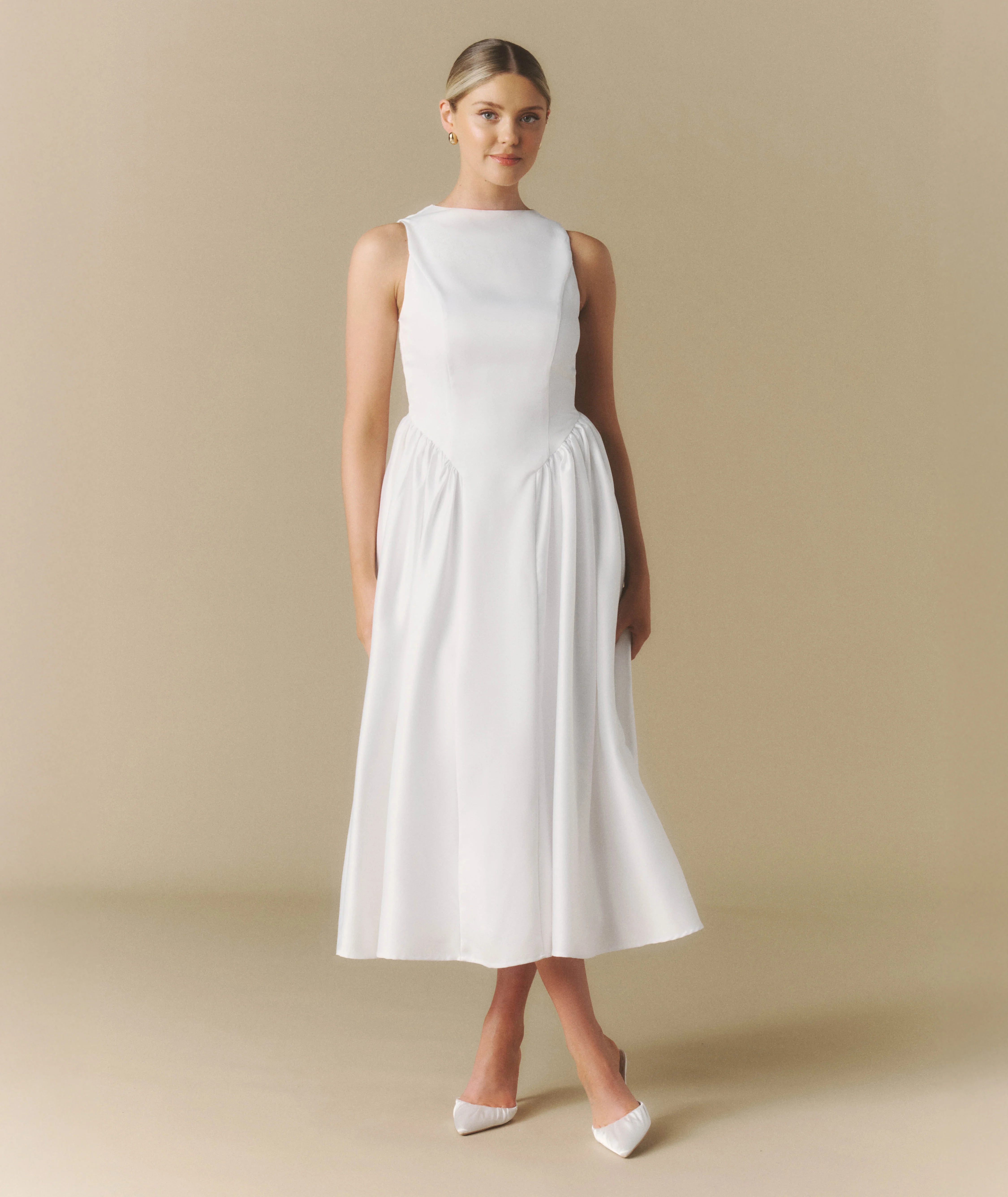 Bow Back Dropped Waist Midi Dress - White - Image 4