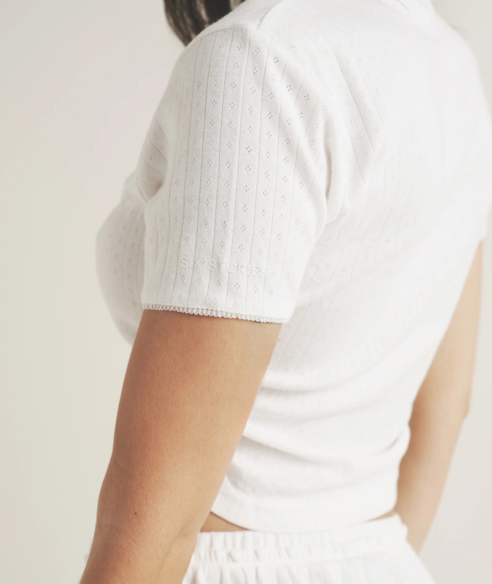 Pointelle Short Sleeve Pyjama Top - Coconut - Image 4