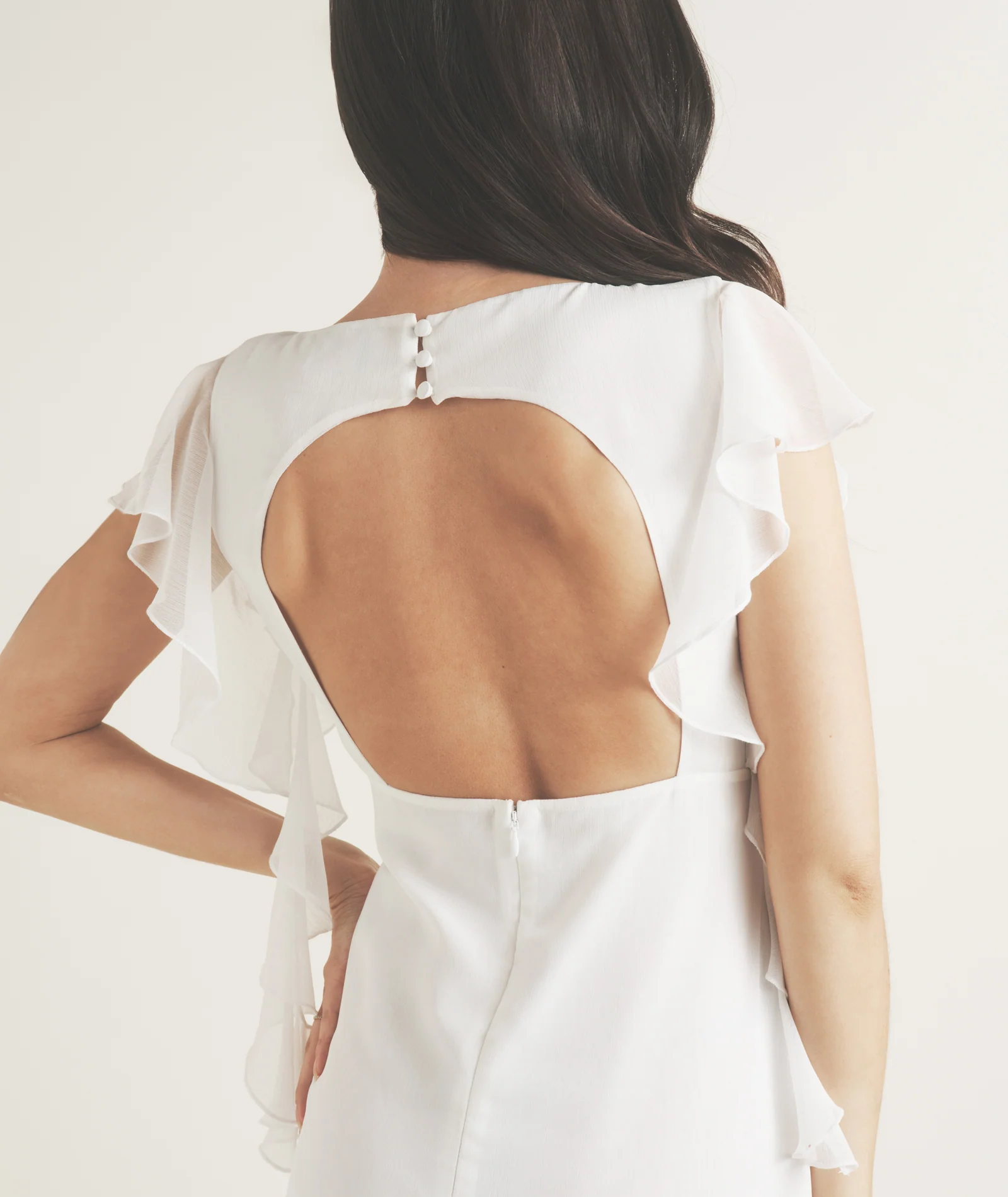 Ruffle V Neck Plunge Maxi Dress - White - Image 4