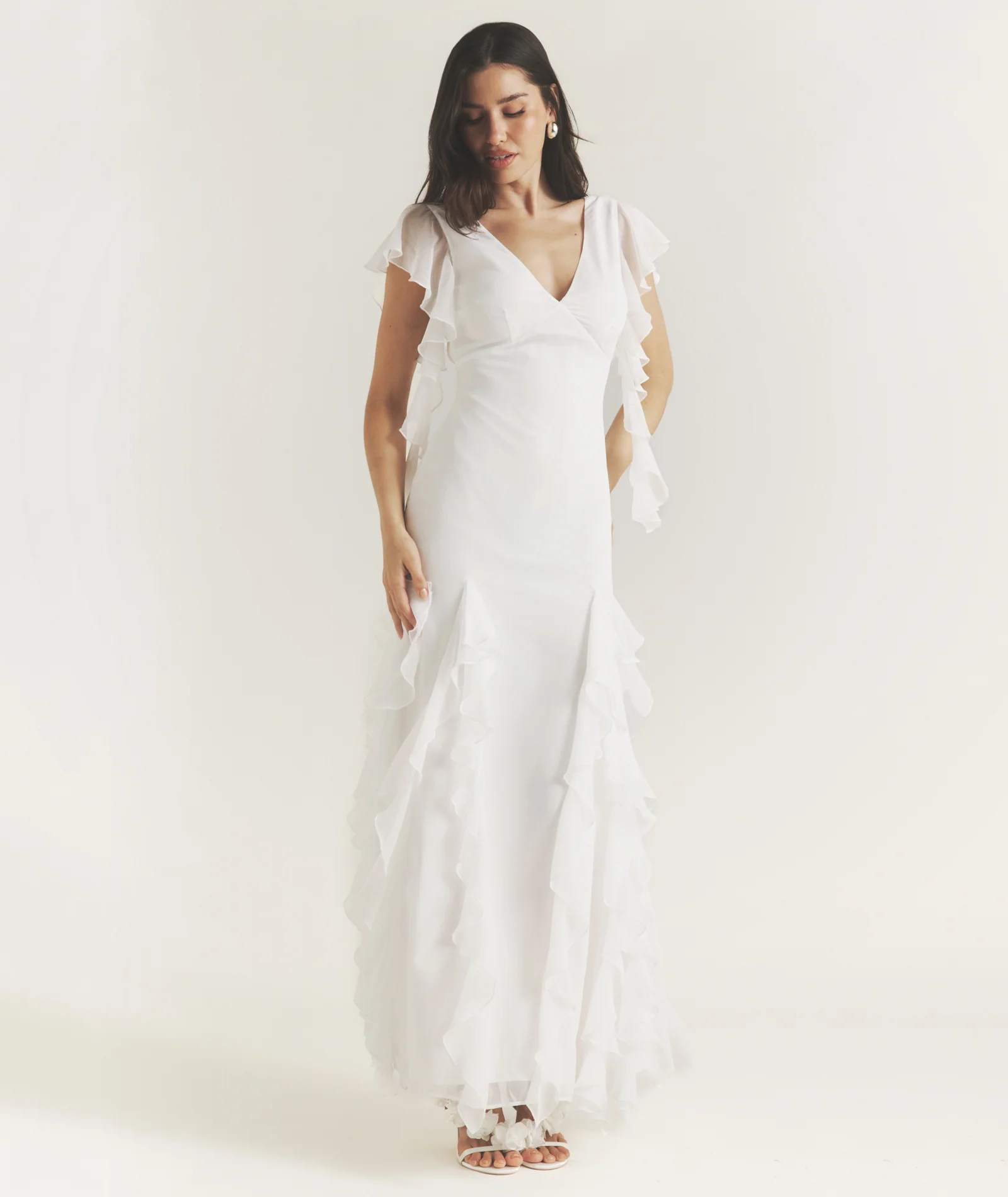 Ruffle V Neck Plunge Maxi Dress - White - Image 5