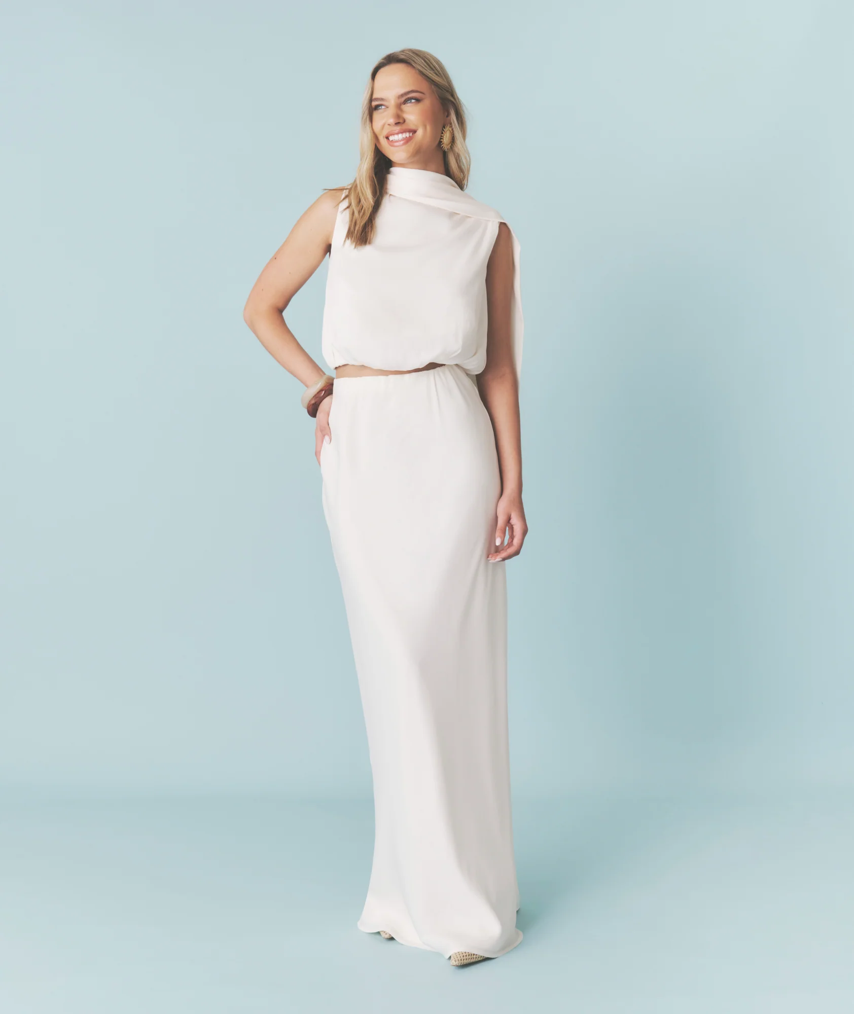 Satin Drape Detail High Neck Top - Cream - Image 6