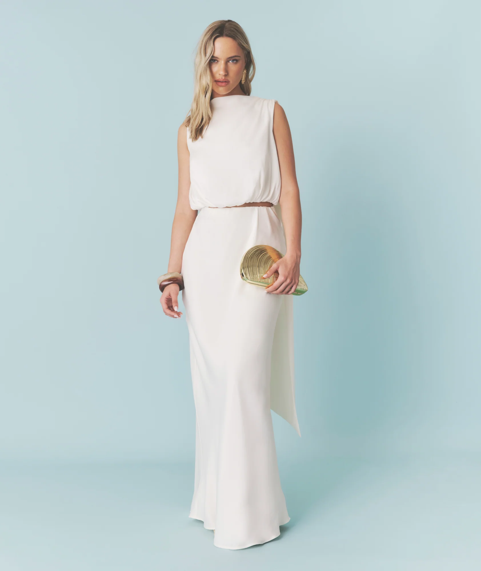 Satin Drape Detail High Neck Top - Cream - Image 7