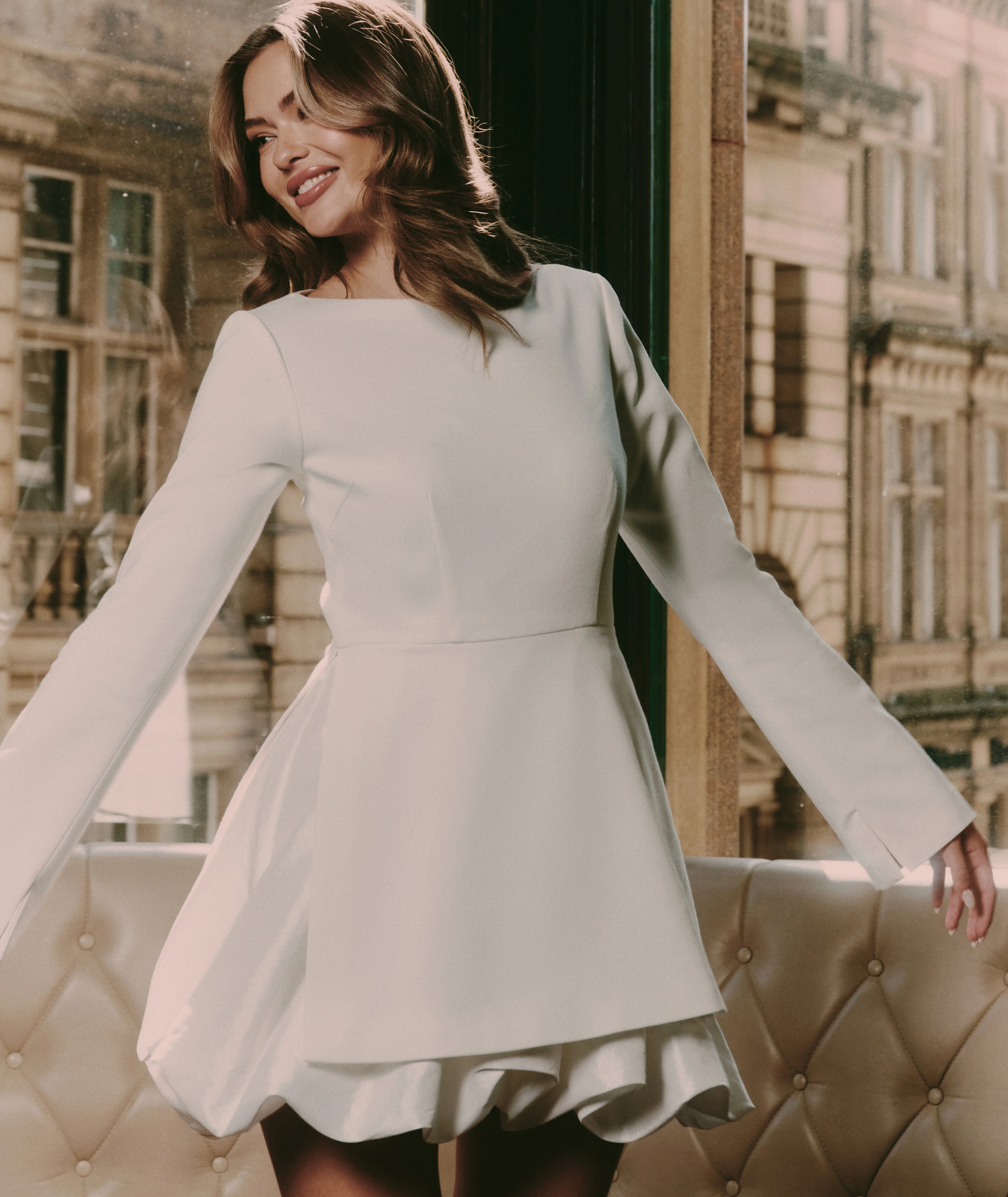 Split Sleeve Bubble Hem Mini Dress - White - Image 7