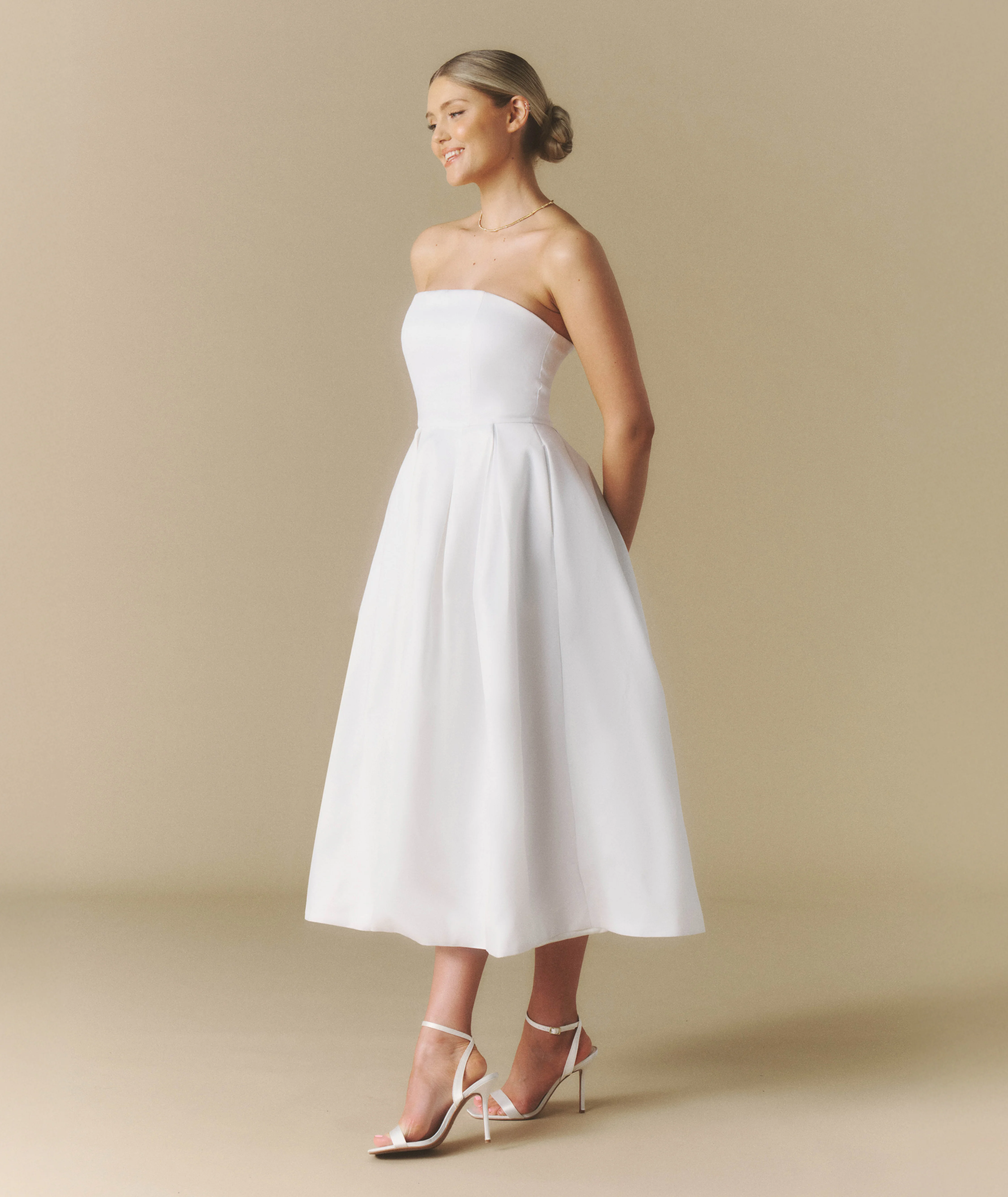 Strapless Bow Back Pleated Midi Dress - White - Image 4