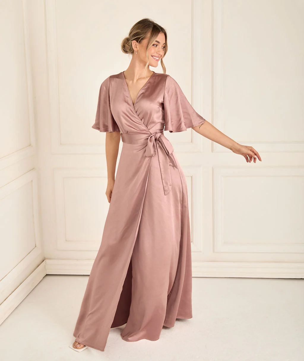 Wrap Tie Satin Bridesmaid Dress - Rose - Image 4