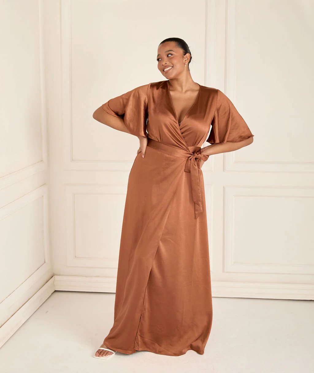 Wrap Tie Satin Bridesmaid Dress - Rust - Image 5