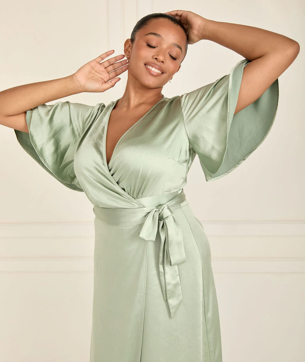 Wrap Tie Satin Bridesmaid Dress - Sage - Image 3