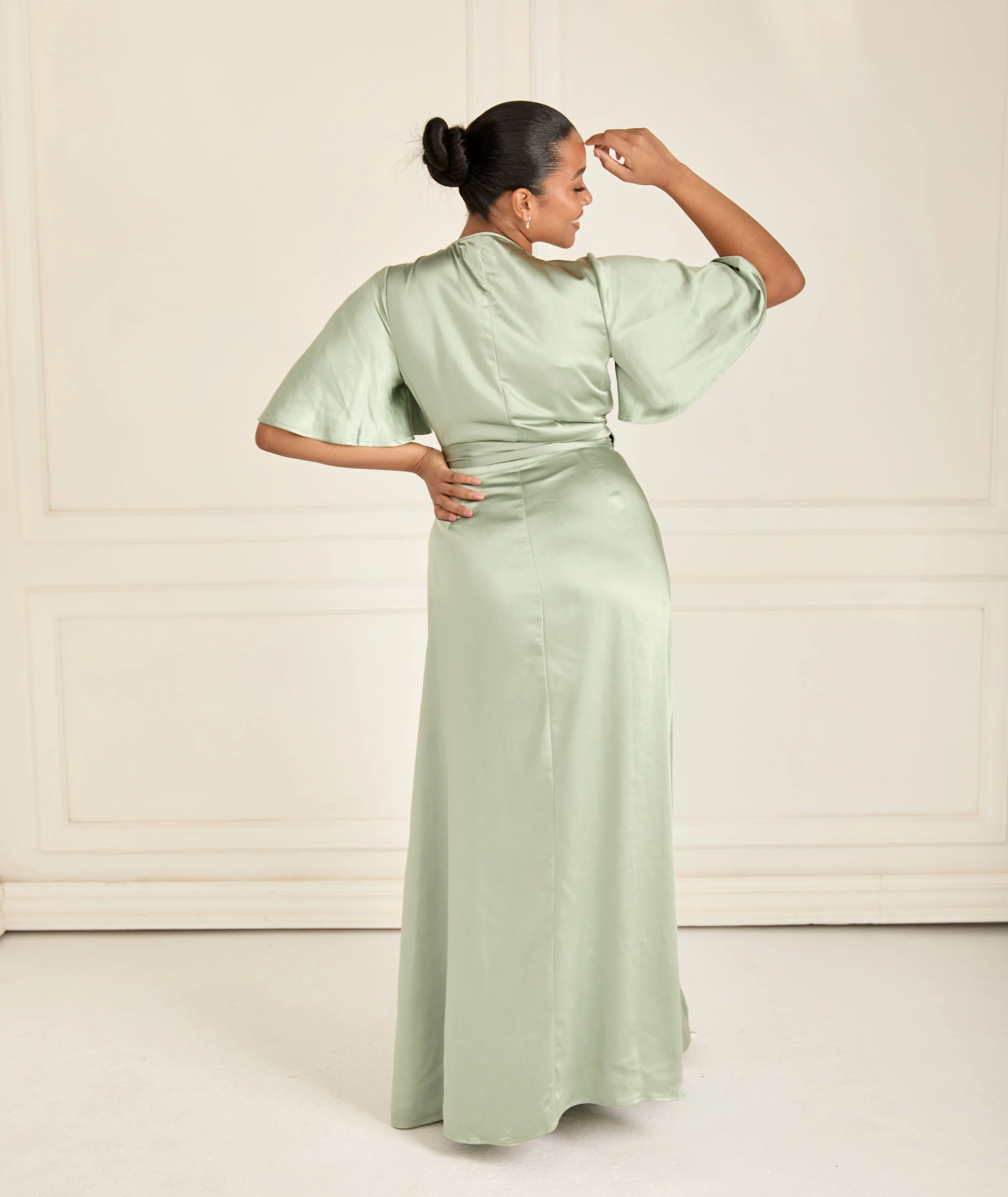 Wrap Tie Satin Bridesmaid Dress - Sage - Image 4